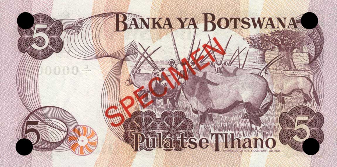 Back of Botswana p3s: 5 Pula from 1976