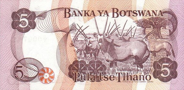 Back of Botswana p8a: 5 Pula from 1982
