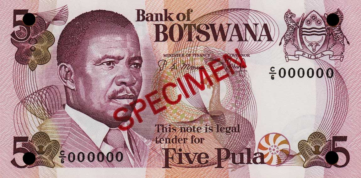 Front of Botswana p8s2: 5 Pula from 1982