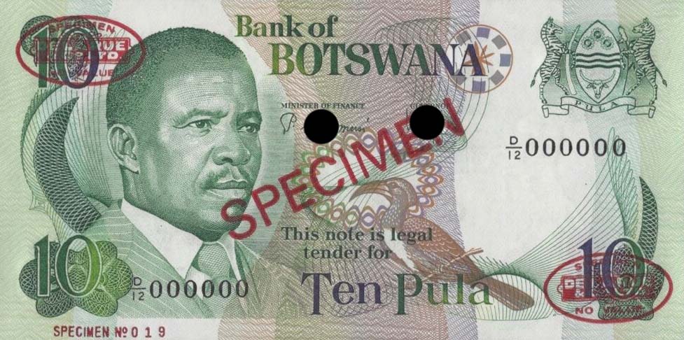 Front of Botswana p9s2: 10 Pula from 1982