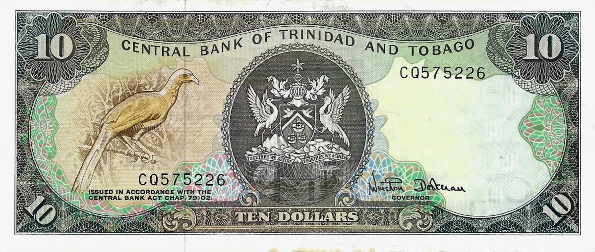 Front of Trinidad and Tobago p38d: 10 Dollars from 1985