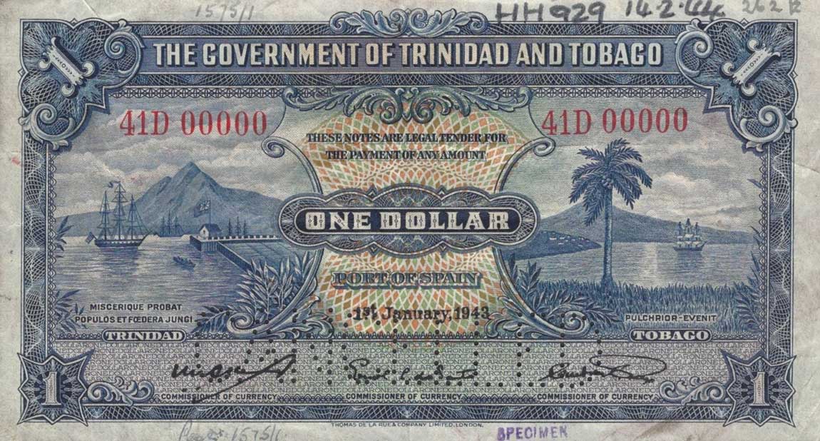 Front of Trinidad and Tobago p5s: 1 Dollar from 1935