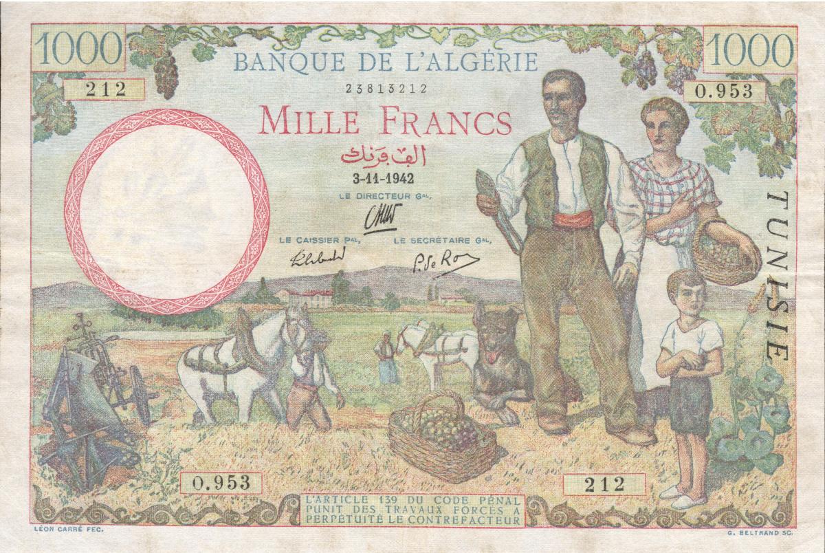 Front of Tunisia p20b: 1000 Francs from 1942