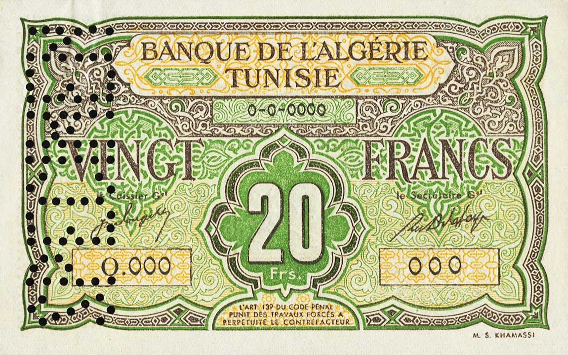 Front of Tunisia p22s: 20 Francs from 1948