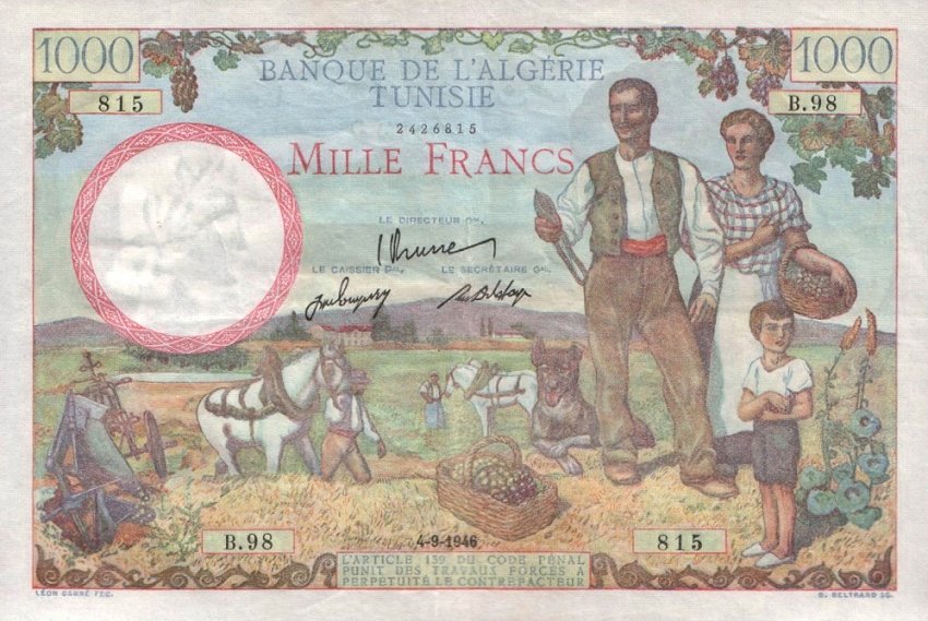 Front of Tunisia p26a: 1000 Francs from 1946