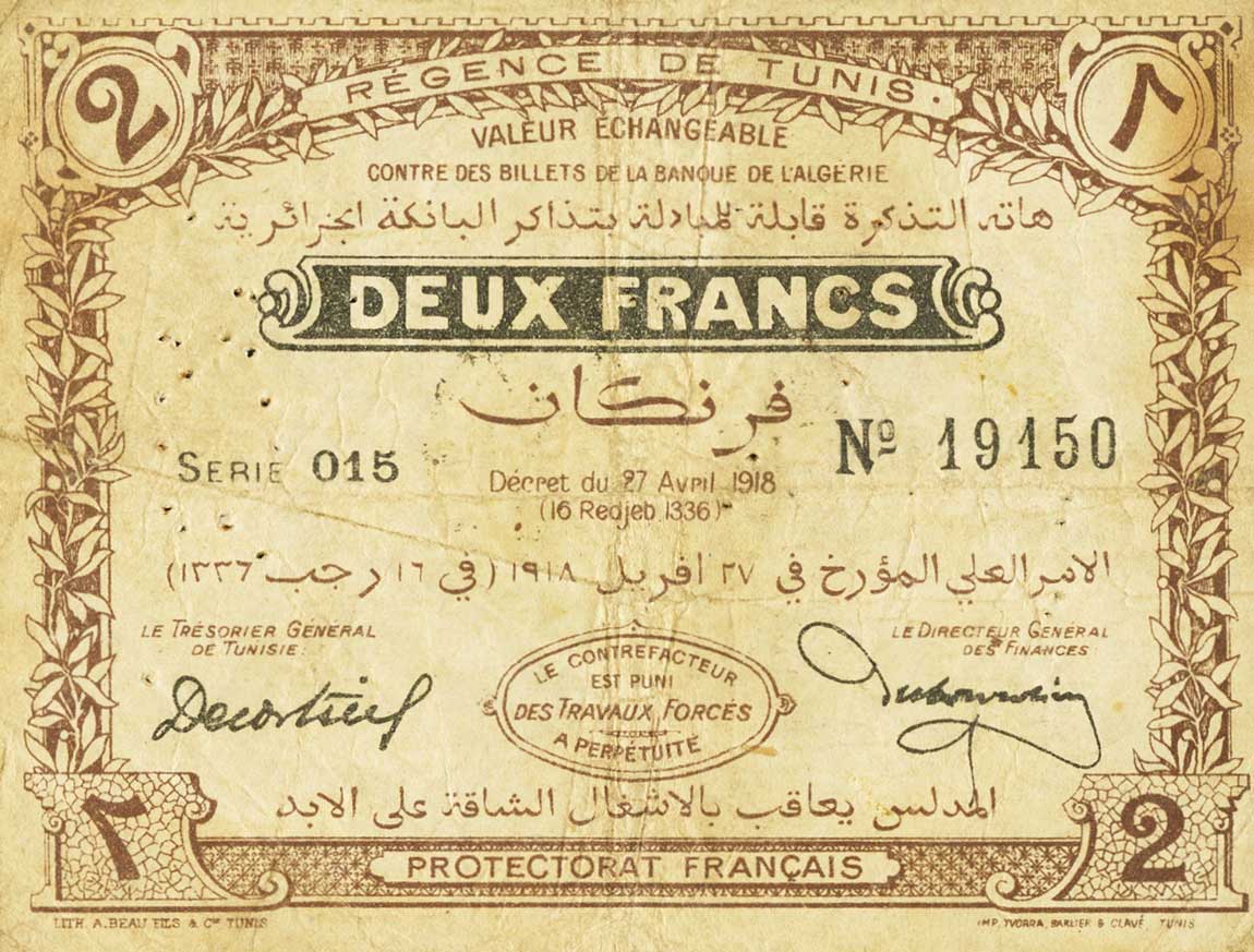 Front of Tunisia p34: 2 Francs from 1918