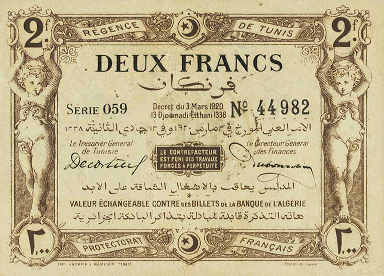 Front of Tunisia p50: 2 Francs from 1920