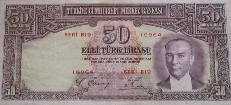 Front of Turkey p129: 50 Lira from 1938