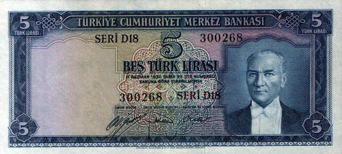Front of Turkey p154a: 5 Lira from 1952