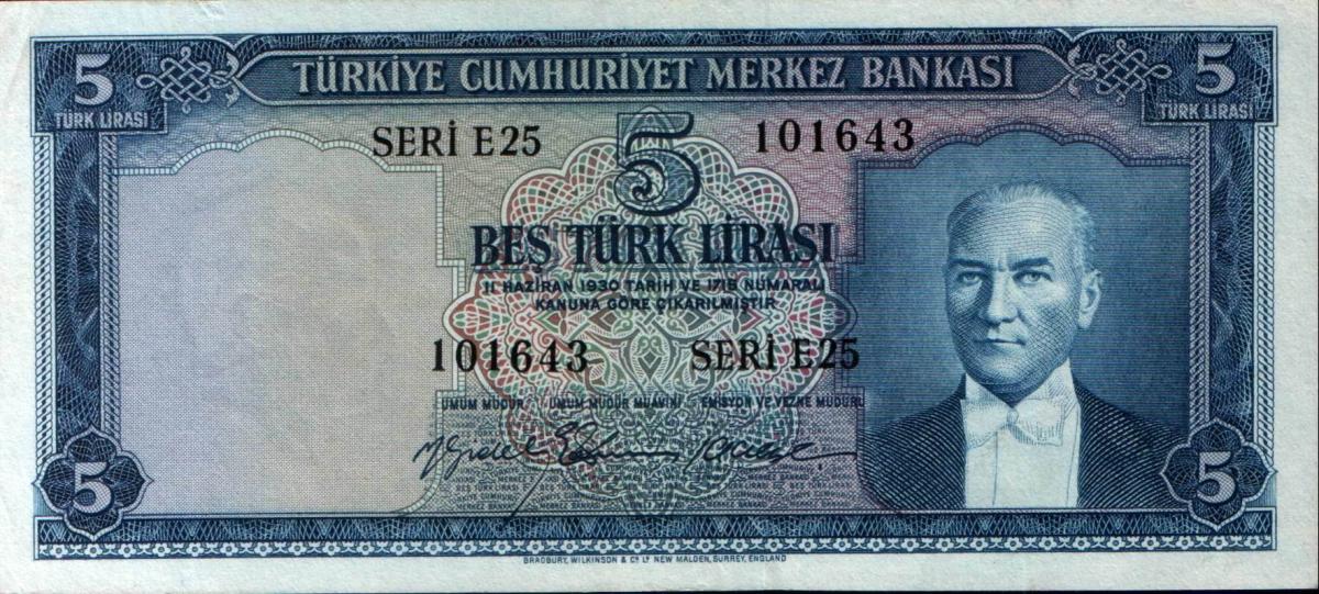 Front of Turkey p155a: 5 Lira from 1959