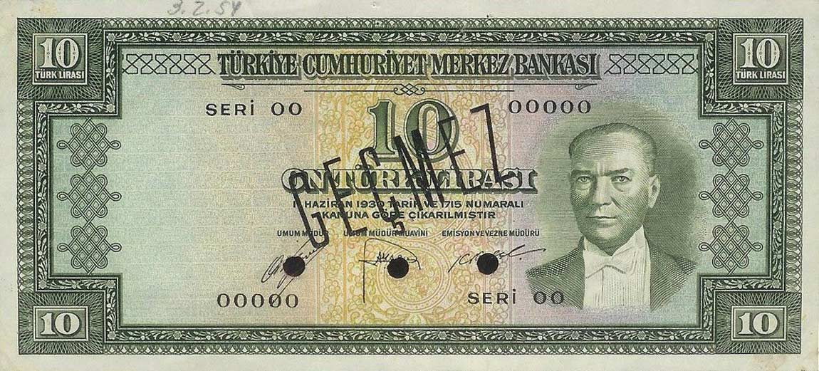 Front of Turkey p157s: 10 Lira from 1952