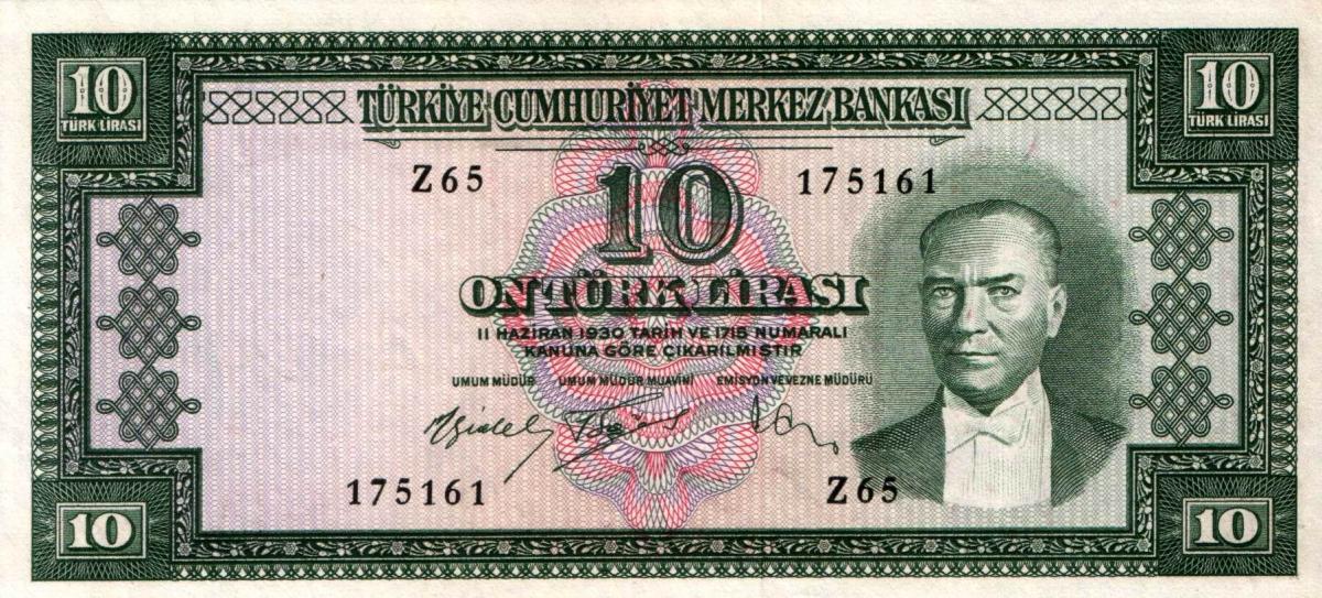 Front of Turkey p160a: 10 Lira from 1953
