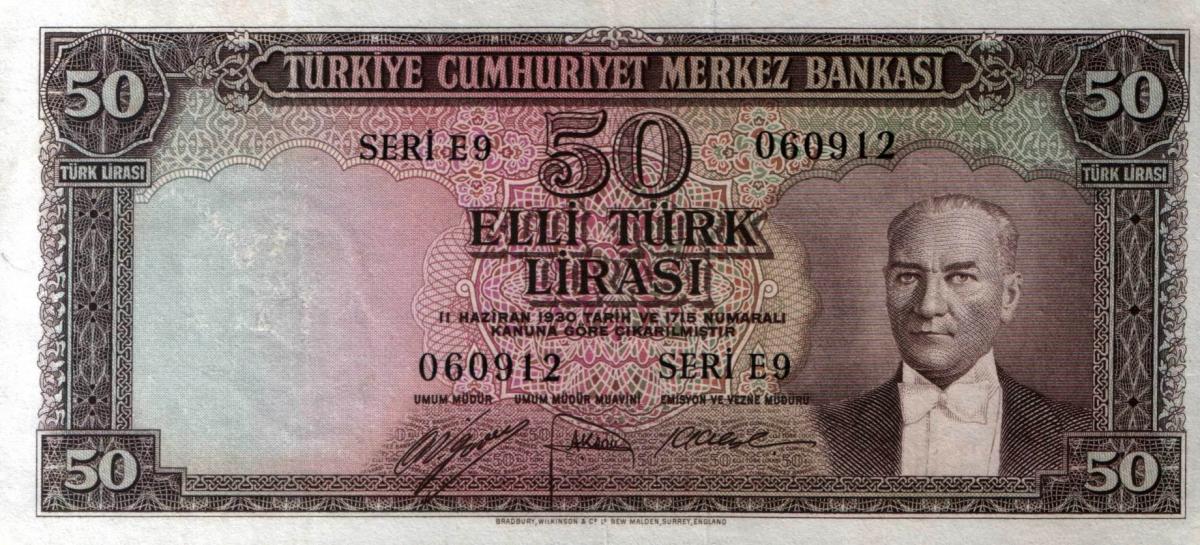 Front of Turkey p163a: 50 Lira from 1953