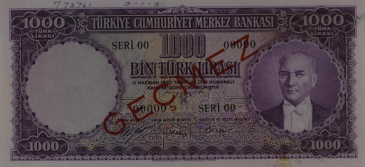 Front of Turkey p172s: 1000 Lira from 1953
