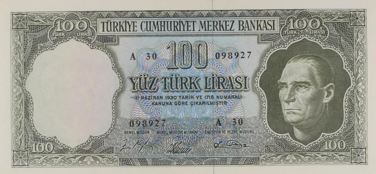 Front of Turkey p177a: 100 Lira from 1964