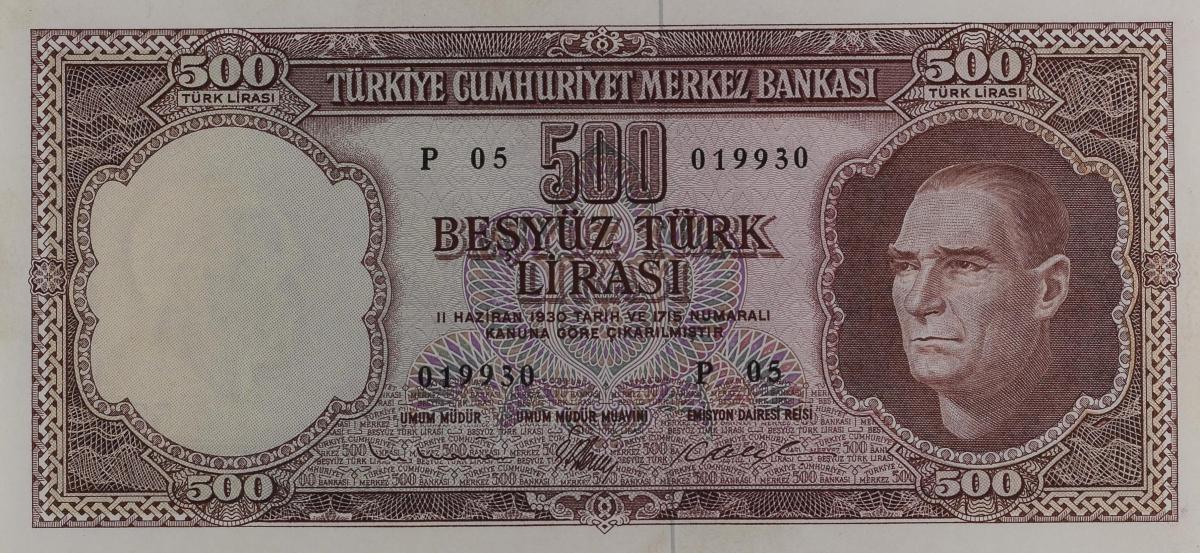 Front of Turkey p178a: 500 Lira from 1962
