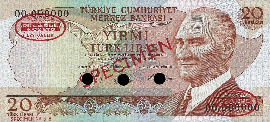 Front of Turkey p181s: 20 Lira from 1930