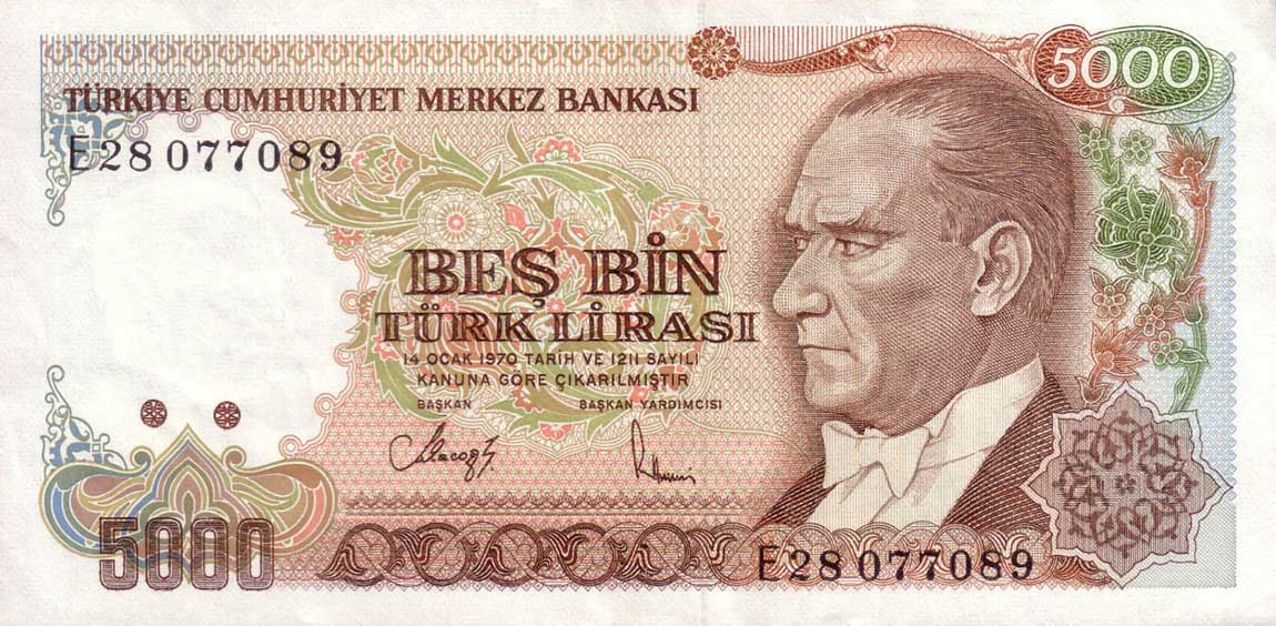 Front of Turkey p197: 5000 Lira from 1970