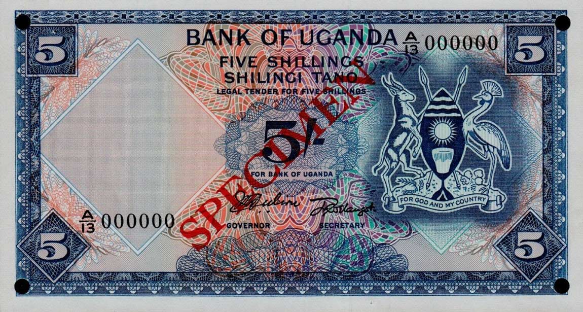 Front of Uganda p1s: 5 Shillings from 1966