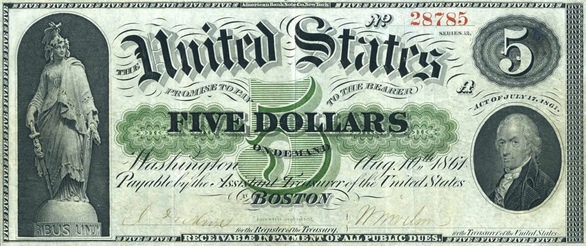 Front of United States p125c: 5 Dollars from 1861