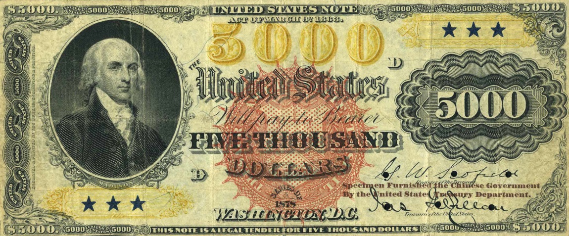 Front of United States p174: 5000 Dollars from 1878