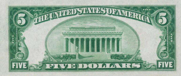 Back of United States p379b: 5 Dollars from 1928