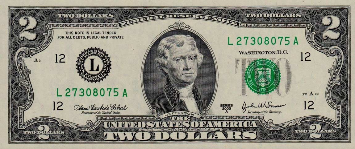 Front of United States p516b: 2 Dollars from 2003