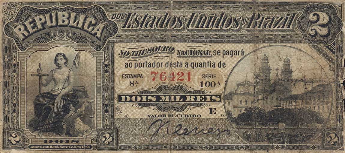 Front of Brazil p10a: 2 Mil Reis from 1890