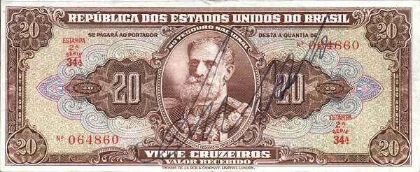 Front of Brazil p144a: 20 Cruzeiros from 1950