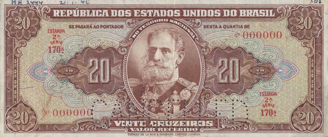 Front of Brazil p144s: 20 Cruzeiros from 1950