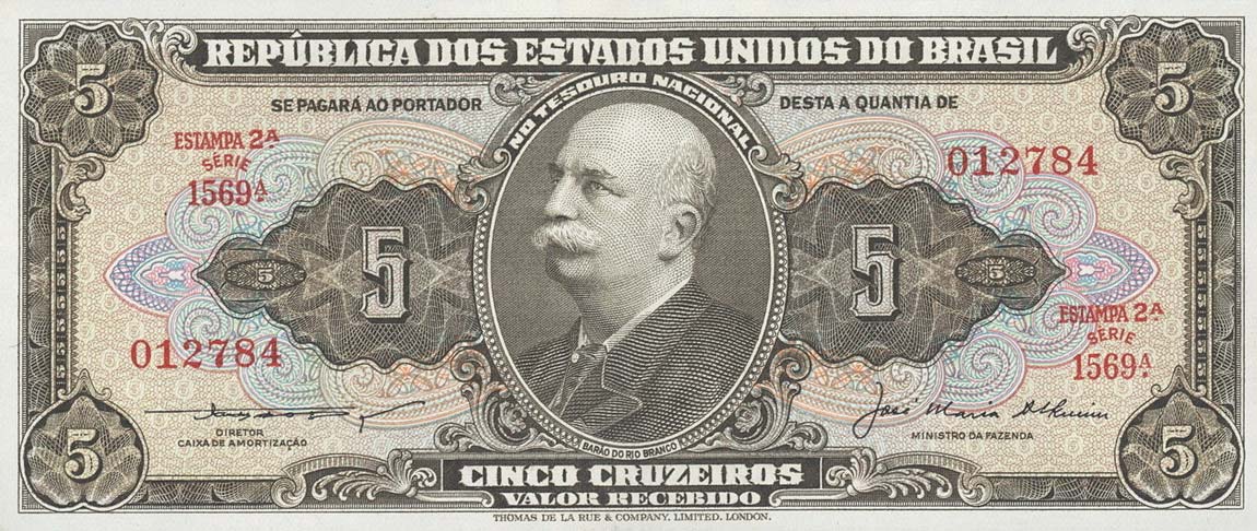 Front of Brazil p158c: 5 Cruzeiros from 1953
