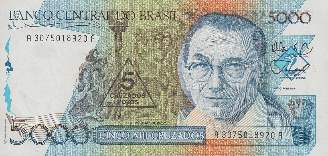 Front of Brazil p217b: 5 Cruzados Novos from 1989
