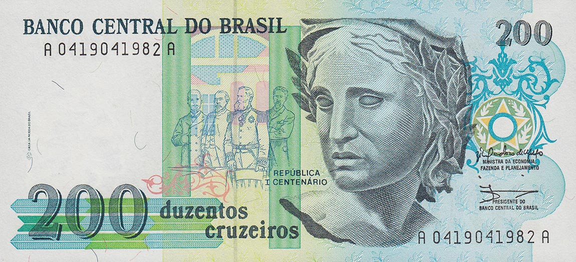 Front of Brazil p229a: 200 Cruzeiros from 1990