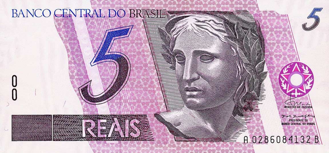 Front of Brazil p244b: 5 Reais from 1994