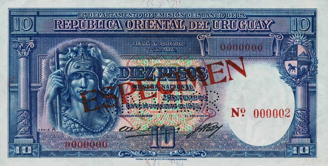 Front of Uruguay p30s: 10 Pesos from 1935