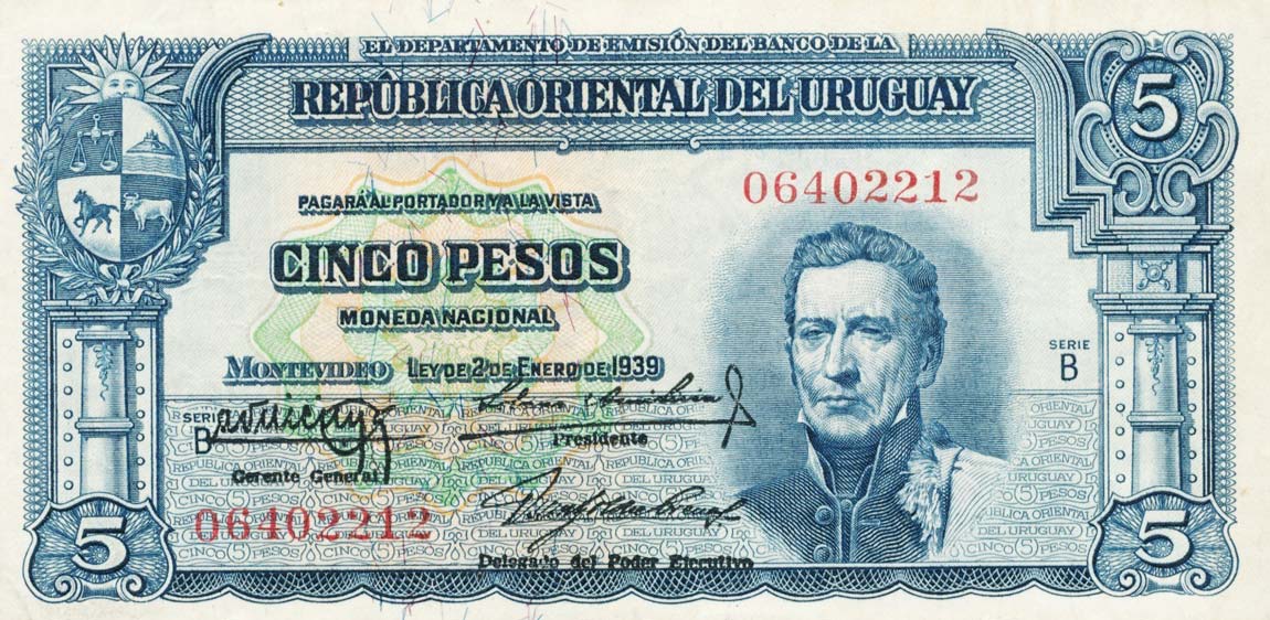 Front of Uruguay p36a: 5 Pesos from 1939
