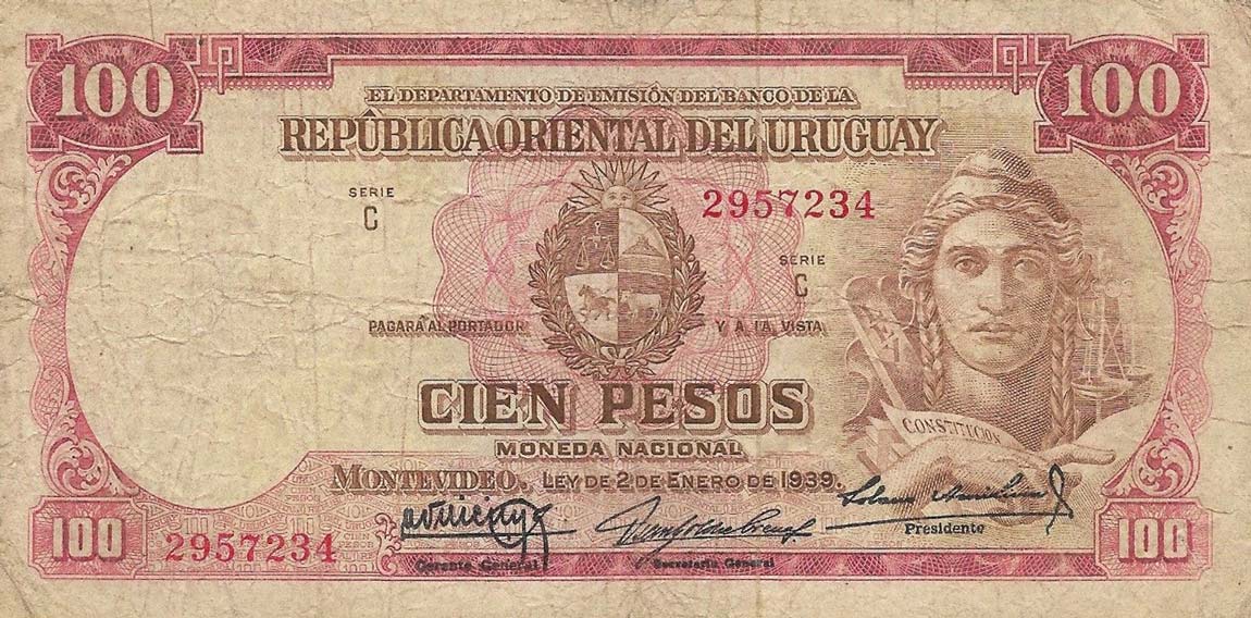 Front of Uruguay p39b: 100 Pesos from 1939