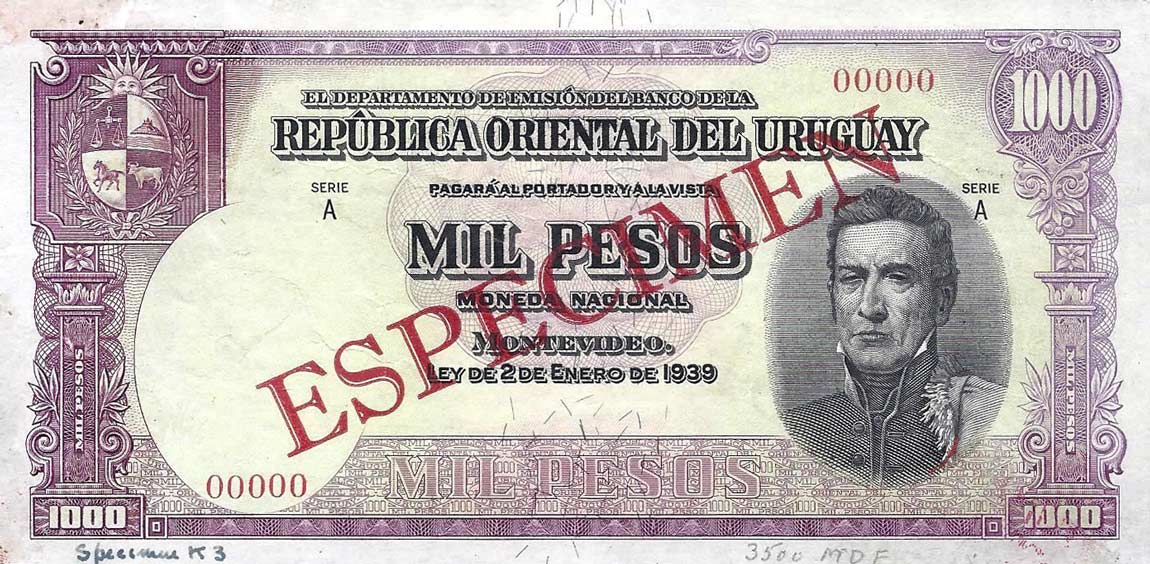 Front of Uruguay p41s: 1000 Pesos from 1939