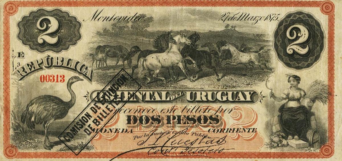 Front of Uruguay pA102: 2 Pesos from 1875
