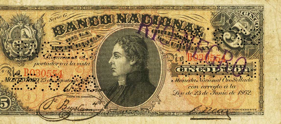 Front of Uruguay pA92c: 5 Pesos from 1887
