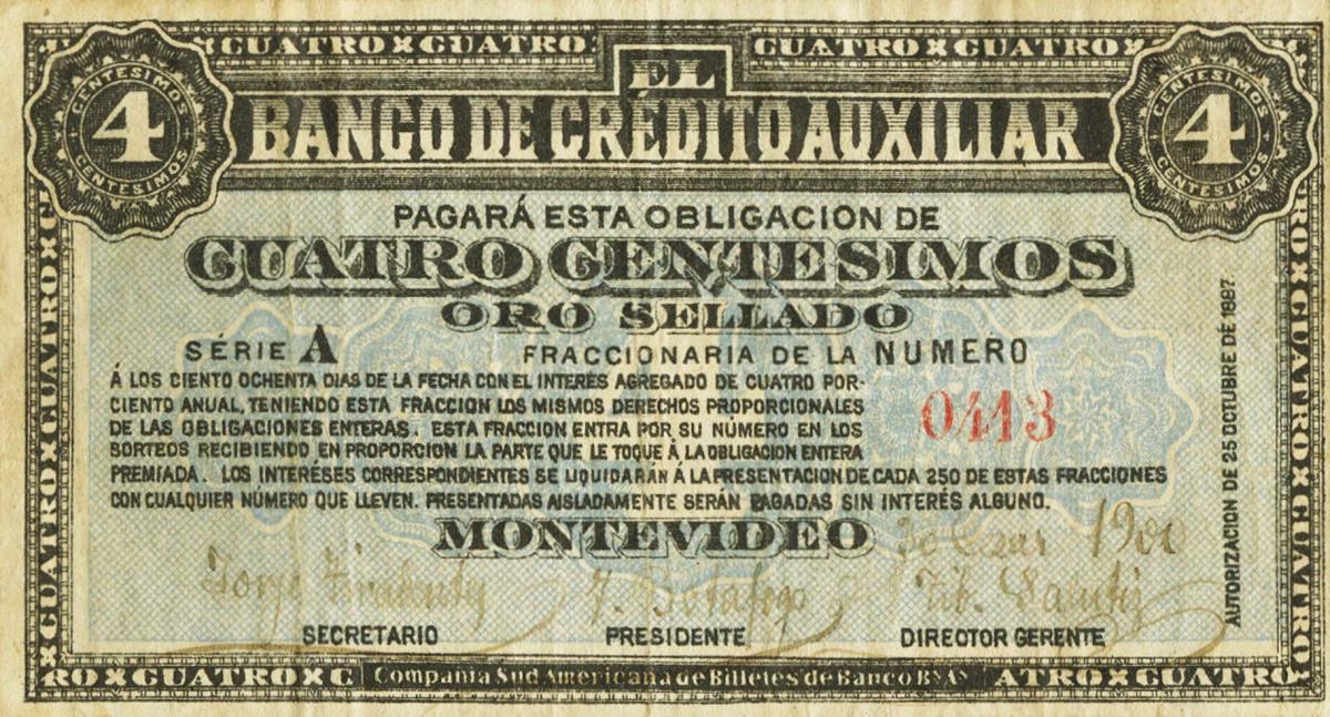 Front of Uruguay pS161a: 4 Centesimos from 1888
