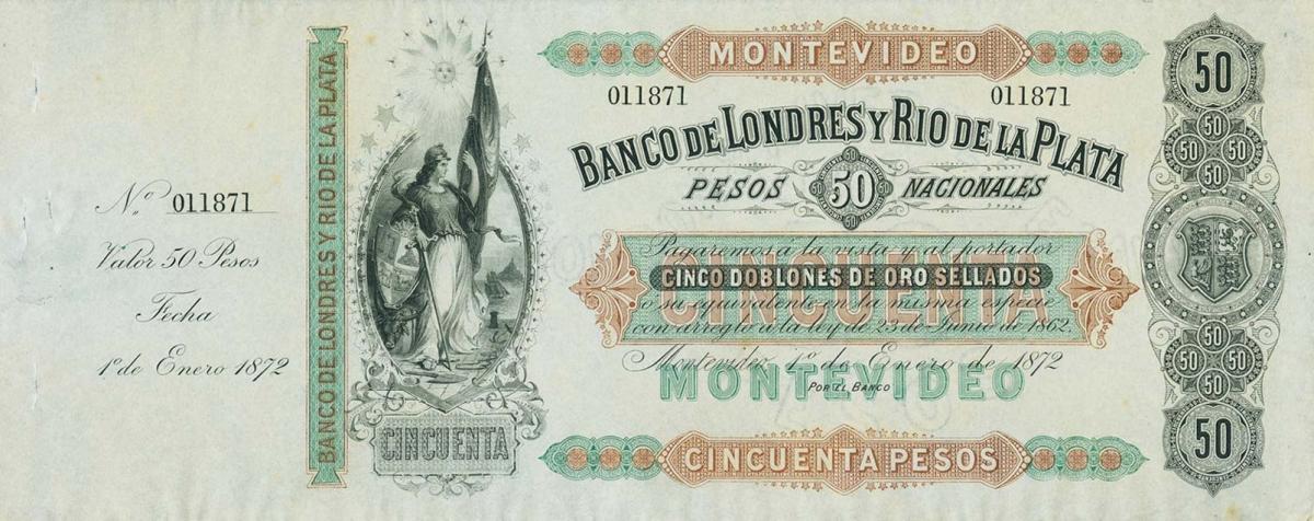 Front of Uruguay pS238r: 50 Pesos from 1872