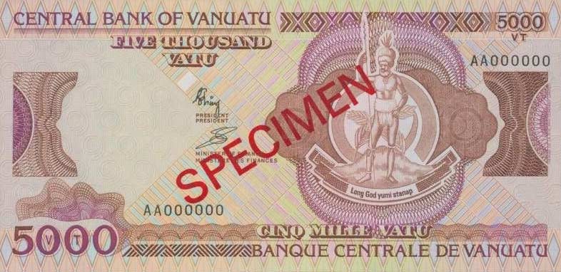 Front of Vanuatu p4s: 5000 Vatu from 1989