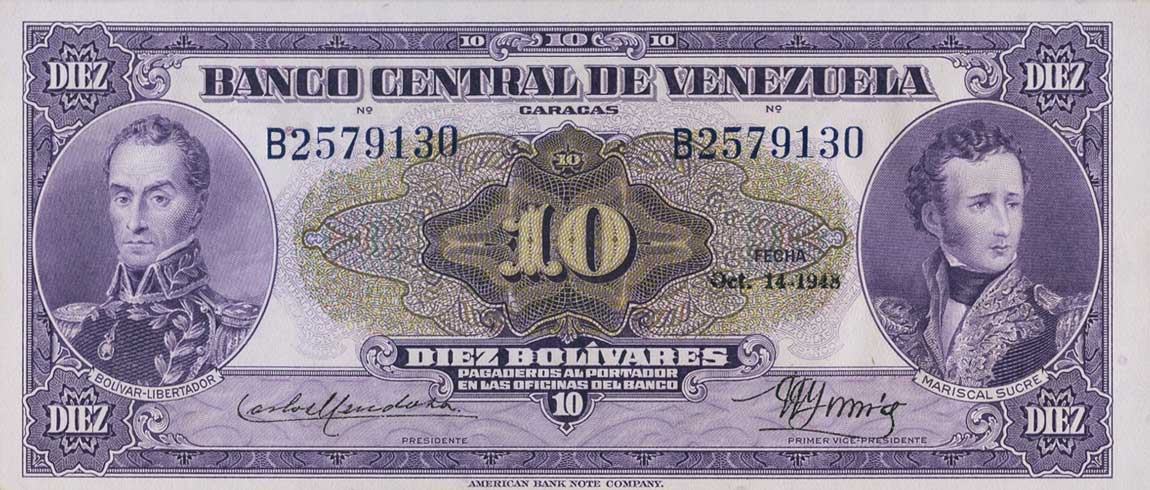 Front of Venezuela p31a: 10 Bolivares from 1945