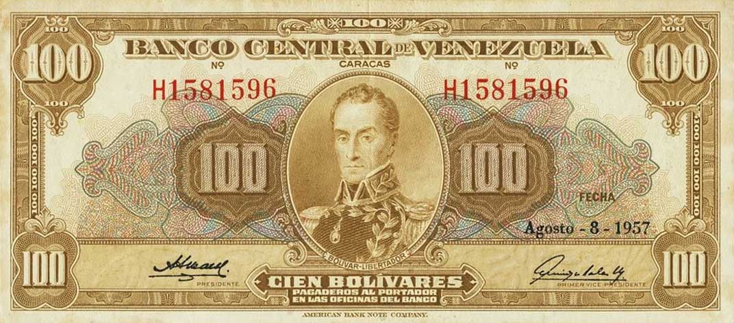 Front of Venezuela p34c: 100 Bolivares from 1954