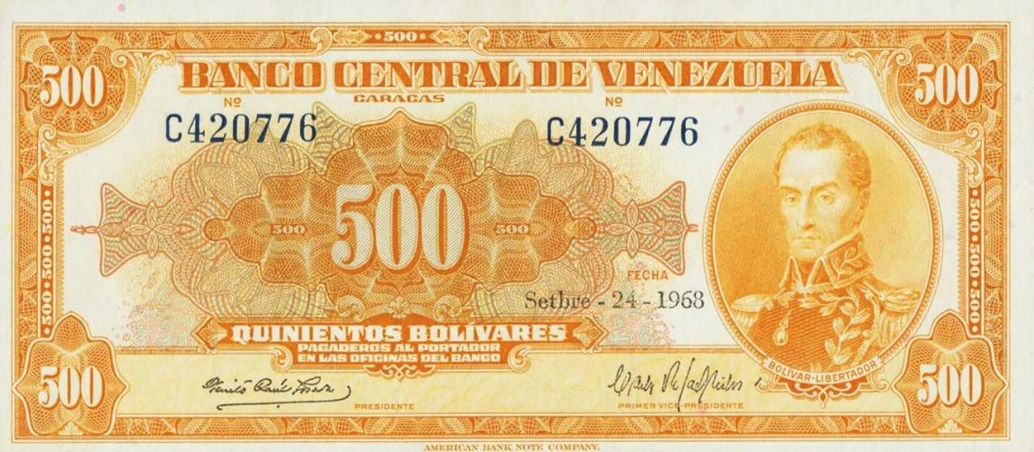 Front of Venezuela p37c: 500 Bolivares from 1960