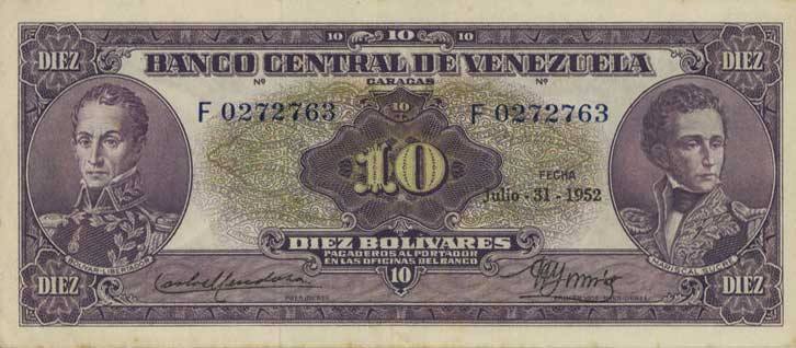 Front of Venezuela p38a: 10 Bolivares from 1952
