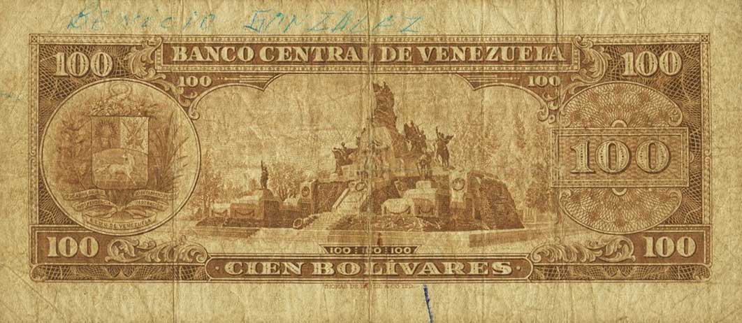 Back of Venezuela p41: 100 Bolivares from 1953