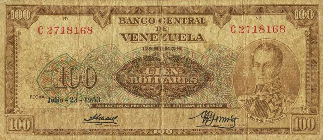 Front of Venezuela p41: 100 Bolivares from 1953