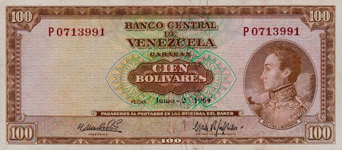 Front of Venezuela p48b: 100 Bolivares from 1964
